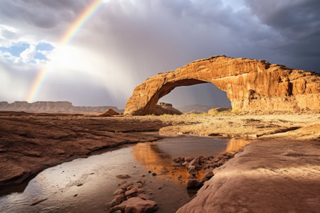 desert rainbow bridge after a rare rainstorm, created with generative aiの素材