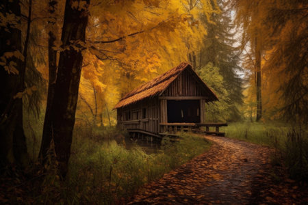 wooden covered bridge in autumn forest, created with generative aiの素材