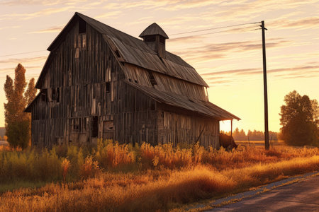 rustic barn at sunset casting long shadows, created with generative aiの素材