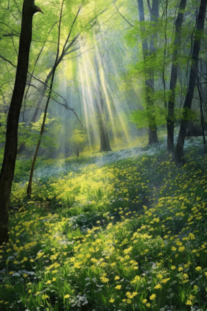 spring forest with sunbeams shining through trees, created with generative aiの素材