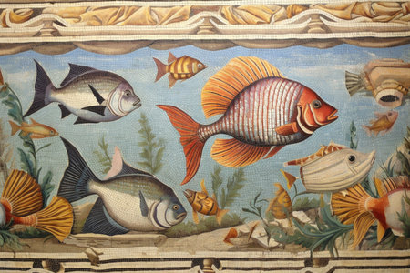 colorful fish and marine life in an ancient roman bath mosaic, created with generative aiの素材