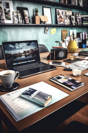 modern office desk with laptop, coffee mug, and stationery, created with generative aiの素材