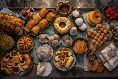aerial view of a variety of pastries on a counter, created with generative aiの素材