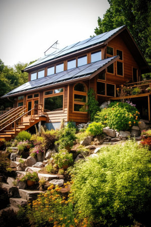 solar panels on roof of environmentally friendly home, created with generative aiの素材