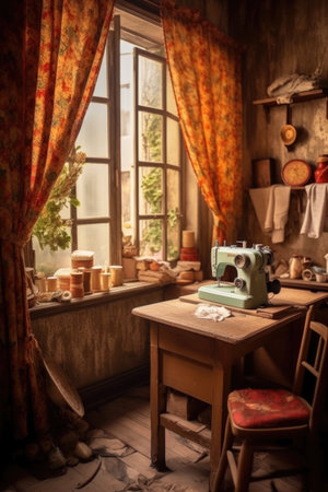 tailors workshop with sewing machine and fabric, created with generative aiの素材