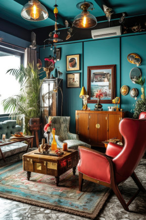 retro-inspired living room with vintage furniture and decorations, created with generative aiの素材