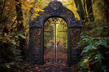 ornate iron gate opening to a hidden path, created with generative aiの素材