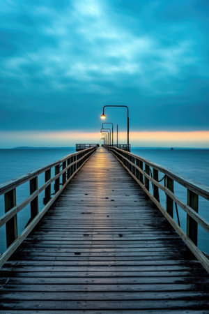 ocean pier extending into the horizon at dusk, created with generative aiの素材