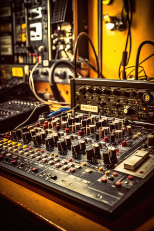 microphone and headphones on a sound mixer board, created with generative aiの素材
