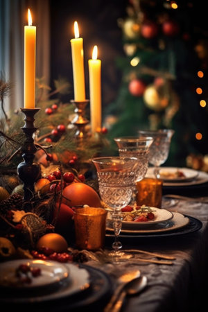 festive holiday table setting with candles, created with generative aiの素材