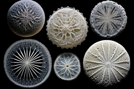 intricate patterns of radiolarians in water, created with generative aiの素材