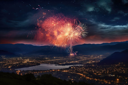 dramatic fireworks display over mountain range, created with generative aiの素材