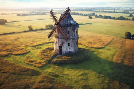 aerial view of an old windmill in a vast field, created with generative aiの素材