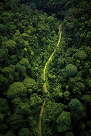 aerial view of winding forest trail through lush greenery, created with generative aiの素材