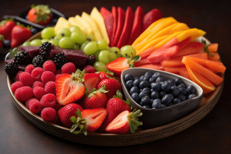 colorful fruit platter with assorted berries and slices, created with generative aiの素材