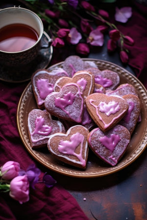 heart-shaped cookies with mom icing on a plate, created with generative aiの素材