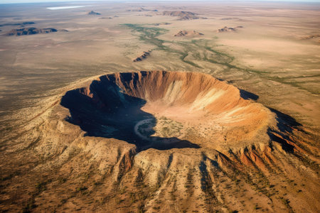 aerial view of a large meteor impact crater, created with generative aiの素材