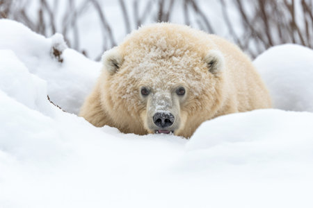 polar bear camouflaged in snow, ready to pounce, created with generative aiの素材