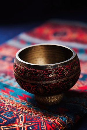 close-up of a tibetan singing bowl with sound vibrations, created with generative aiの素材