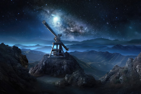 telescope on mountain peak with night sky, created with generative aiの素材