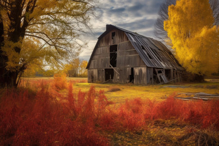 old barn surrounded by vibrant autumn foliage, created with generative aiの素材