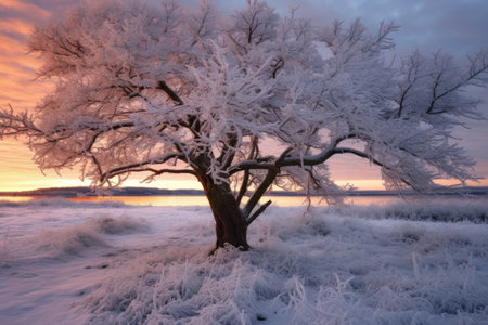 snow-covered branches of a lonely tree at sunrise, created with generative aiの素材