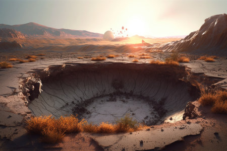cracked earth around the edge of a crater, created with generative aiの素材