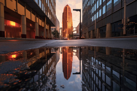 skyscraper reflection on puddle after rain, created with generative aiの素材