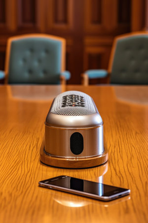 a speaker phone in the middle of a table during a conference call, created with generative aiの素材