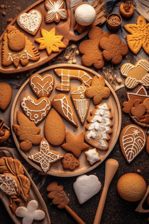 handmade gingerbread cookies in various shapes, created with generative aiの素材