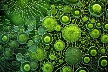 microscopic view of plant cells with chloroplasts, created with generative aiの素材
