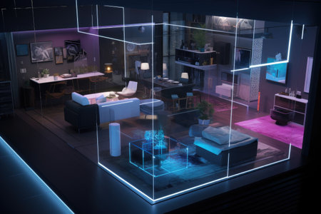 smart home of the future, with holographic interface and voice control, created with generative aiの素材