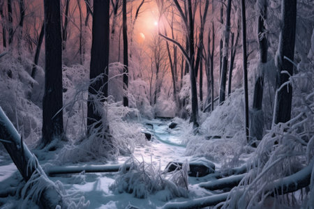 snow-covered forest under full moon glow, created with generative aiの素材