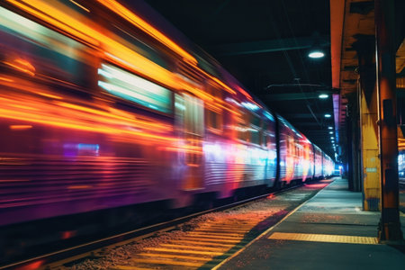 blurred motion of a neon-lit train passing by, created with generative aiの素材