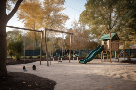 playground with swings, slide, and seesaw for a serene setting, created with generative aiの素材