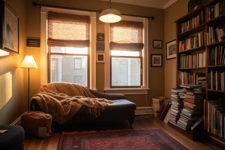 a cozy reading nook, with a view of the librarys bookshelves and warm lighting, created with generative aiの素材