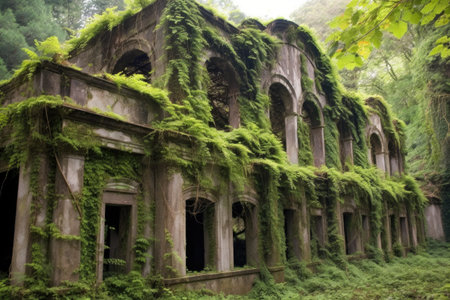 weathered stone structures covered in vines, created with generative aiの素材
