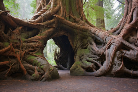 redwood tree roots intertwining, created with generative aiの素材