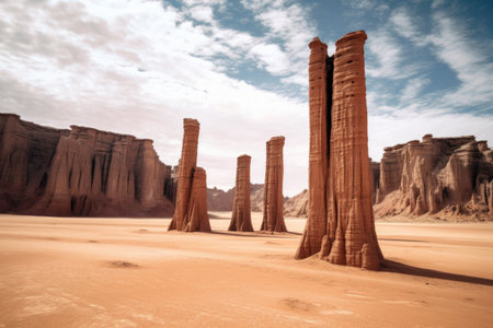 eroded sandstone pillars standing tall in a desolate desert, created with generative aiの素材