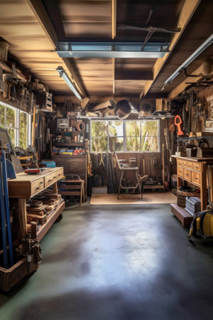 spacious garage workshop with tools and project in progress, created with generative aiの素材