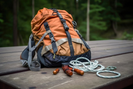 backpack with climbing equipment, ready for adventure, created with generative aiの素材
