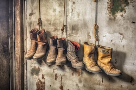 old leather boots hanging on a rustic wall, created with generative aiの素材