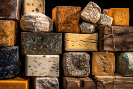 close-up of various artisanal cheese textures, created with generative aiの素材