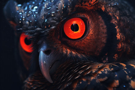 close-up of glowing eyes of a nocturnal predator in darkness, created with generative aiの素材