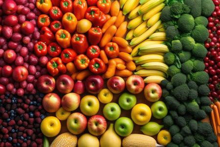 rainbow gradient made of various fruits and vegetables, created with generative aiの素材