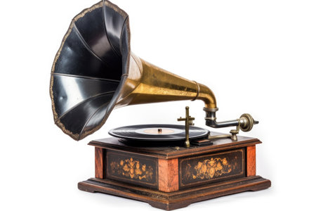 antique gramophone with brass horn and vinyl record, created with generative aiの素材
