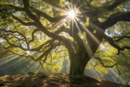 sunbeams streaming through oak tree branches, created with generative aiの素材