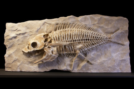fossilized fish skeleton in a limestone slab, created with generative aiの素材