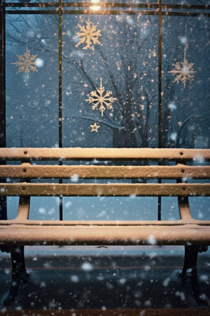 snowflakes accumulating on an outdoor bench, created with generative aiの素材