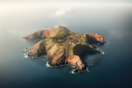 aerial view of a newly formed volcanic island, created with generative aiの素材